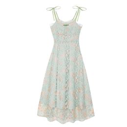 PERHAPS U Green Mesh Lace Floral Print Strap Sleeveless Dress Midi Sundress Elegant D1002 210529