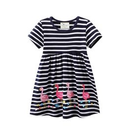 Jumping Metres Summer Flamingo Embroidery Baby Stripe Dresses Fashion Girls Cotton Princess Costume Animals Dress 210529