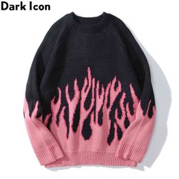 Pink Flame Off Shoulder Sweater Men Women Autumn Oversized Men's Sweater Knitwear Men Clothing 210603