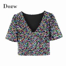 High Street Sequins T Shirt Women Sexy Deep V Neck Club Short Tshirt Summer Sleeve Zipper Chic Ladies Tops Haut Femme 210515