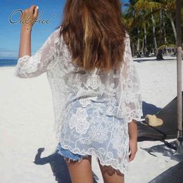 Summer Women White Lace Blouse Transparent See Through Female Beach Cardigan Sexy Tops 210415