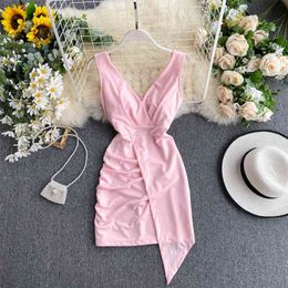 Women's Clothing Spring Dress Lady Fashion V-neck Fold High Waist Thin Irregular Package Hip Vestidos L399 210527
