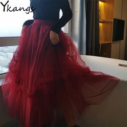 Vintage Wine Red Tulle Pleated Skirts Women High Waist Long Ruffled Mesh Skirt Spring Harajuku Black Elastic Puffy 210421