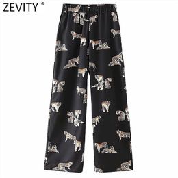 Women Vintage Tiger Print Wide Leg Pants Retro Business Femme Animal Pattern Elastic Waist Pocket Chic Long Trousers P962 210416