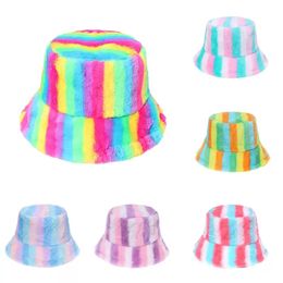 Rainbow stripe Fisherman Hats Women Faux rabbit fur hat Spring Autumn Winter Keep warm plush Caps Fashion 6 colors Bucket Cap