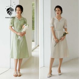 FANSILANEN Office Ladies French Light Green High Waist Dress Women Summer Puff Sleeve Short Slim A-line Skirt 210607