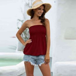 Sexy Strapless Women's Tops Summer Fashion Sleeveless Elastic Waist Skinny Off Shoulder Cotton T-shirts Female Solid Summer Tees 210507