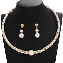 Earrings & Necklace Fashion Crystal Bridal Jewelry Set Gold Color Imitation Pearl Rhinestone Women's Party Wedding