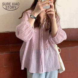 Summer O-neck Lantern Sleeve Chiffon Blouse Super Thin Sun Protection Shirt Korean Loose Long Sleeve Blouse Chemise 10349 210528