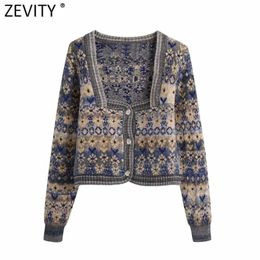 Zevity Women Vintage Square Collar Flower Print Jacquard Knitting Sweater Female Long Sleeve Chic Cardigans Coat Tops S652 211103