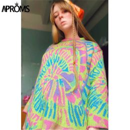 Aproms Elegant Multi Colour Print Oversized Sweater Women Spring Stretch Knitted Pullovers Streetwear Fashion Loose Jumpers 211007