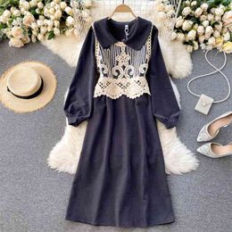 Spring Vintage Dress Suits Women Two Piece Set Hollow Out Crochet Vest + Long Sleeve Corduroy 2 210514