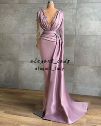 Dusty Pink Mermaid Arabic Evening Dresses with Overskirt african lace sheer Long Sleeve Dubai Women V-Neck Prom Formal Dress