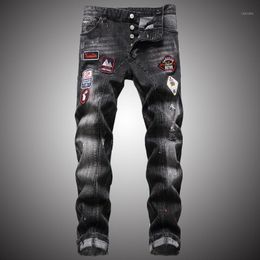 Black Ripped Jeans Men Fashion Streetwear Hole Denim Pants Male Casual Vintage Graffiti Print Straight Slim Fit NZ109 Men's