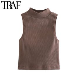 TRAF Women Fashion Stretch Slim Ribbed Knit Tank Tops Vintage High Neck Sleeveless Female Camis Mujer 210415