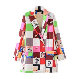 fashion women abstract art blazer office ladies pocket jackets casual female plaid long suits print girls chic sets 210430
