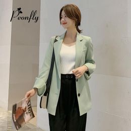 Women's Suits & Blazers PEONFLY Single Button Spring Autumn 2021 Loose Women Long Blazer Jacket Grey Green Pink Coat Plus Size Solid Office