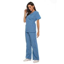 Women And Men Overalls Solid Colour Short Sleeve V-neck Tops+Pants Suits Nurse Nursing Working Uniform Set Conjuntos De Mujer 5* Y0625