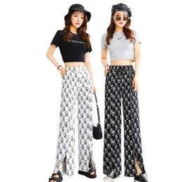 Summer fashion black high waist wide leg straight casual pants slim fit letters printed split front flared pant for women Q0801