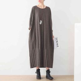 Johnature Women Casual Knitted Cotton Blend Dresses O-Neck Long Sleeve Autumn Loose Solid Color Female Dresses 210521