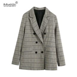 BBWM Women Fashion Elegant Double Breasted Check Suit Jacket Vintage Office Ladies Long Sleeve Pockets Coat 210520