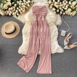 SINGREINY Women Sexy Strapless Jumpsuits Ruched Sleeveless Elegant Solid Rompers Summer Off Shoulder Beach Wide Leg Long Rompers 210419