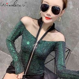 T Shirt Women Shiny Sequined Tops Zipper Cardigan Spring Long Sleeve Korean Casual Transparent T-shirt Camiseta Feminina 210421