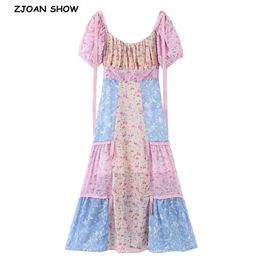 Retro Short Puff Sleeve Contrast Colour Flower Dress Women Romantic Square neck Ruched front Hem Patchwork Long Dresses Holiday 210429