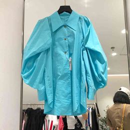 Women Blue Casual Big Size All Match Blouse Lapel Long Sleeve Loose Bat Shirt Fashion Spring Summer 2F0594 210510