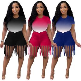 Women Summer Sets Plus Size S-2XL Outfits Solid Tracksuits Short Sleeve T Shirts+tassels Shorts Gradient Two Piece Set casual black sportswear jogger suits 5166