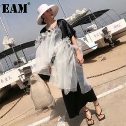 [EAM] Women Black Big Size Asymmetrical Patchwork Gauze Dress Round Neck Short Sleeve Loose Fashion Summer 1DD7472 21512