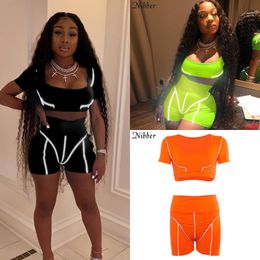 Nibber fashion neon Colour Reflective Active Wear womens 2pieces sets summer stretch Slim Reflective crop tops femme shorts suits X0428