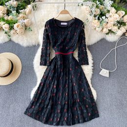 SINGREINY Women Elegant Lace Dress Korean Design Long Sleeve O Neck Dot Dresses Spring Fashion Casual A-line Streetwear Dress 210419