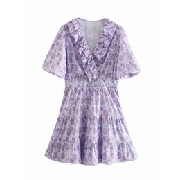 Women Elegant Purple Fashion Floral Print Mini Dress Elastic Waist Vintage Ruffle Lining Female Beach Holiday Summer Dresses 210521