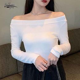 Slash Neck Sexy White Long Sleeve Slim T-shirt Spring Autumn Korean Style Off Shoulder Women Top Pullover Bottoming Blouse 12204 210508