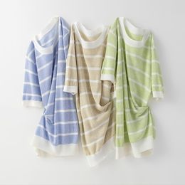 Korean Ice silk t-shirt women's summer thin OL Tee loose hooded knitted striped short-sleeved bright T-shirt top Women 210420