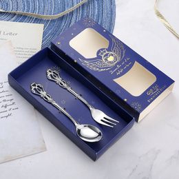 USPS FREE Stainless steel retro spoon European embossed gold-plated spoon fork Hollow coffee dessert wedding tableware set