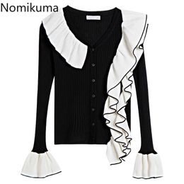 Nomikuma Ruffle Patchwork Contrast Colour Cardigan Women V Neck Long Sleeve Short Knitted Sweater Female Korean All-match Tops 210514