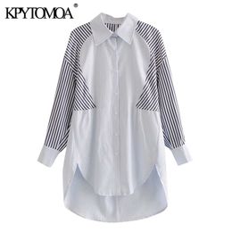 Women Fashion Striped Patchwork Loose Asymmetry Blouses Long Sleeve Button-up Female Shirts Chic Tops 210420