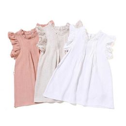 New 2021 Spring Autumn Kids Dresses For Girls Lace Fly Sleeve Sleeveless Princess Dresses Kids Girl Dress Pure Color Dress Q0716