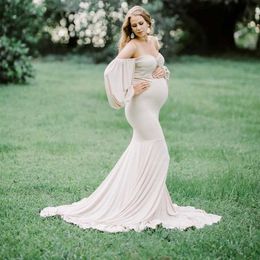 Maternity Split Gown Dresses for Photo Shoot Lantern Sleeve Pregnant Women Long Baby Shower Dress Pregnancy Photography
