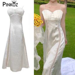 sexy slim white satin reched pleated midi dress for party spaghetti strap bodycon casual dinner dresses robe de femme za 210421