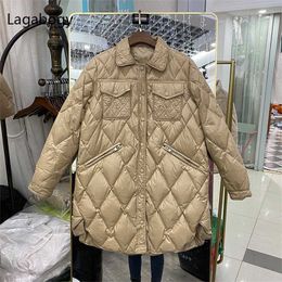 Lagabogy Winter Ultra Light 90% White Duck Down Coat Long Sleeve Warm Parka Female Casual Single Breasted Puffer Jacket 211018
