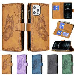 Multifunctional 9 Card Slots 1 Zipper Wallet Leather Cases For Iphone 13 12 Pro Max Mini 11 XR XS 8 7 SE2 Big Butterfly Holder Stand Cover