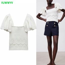 VUWWYV White Elegant Ruffle Knit Crop Top Women Sweaters Spring Chic High Street Ladies Short Sleeve Elastic Blouses 210430