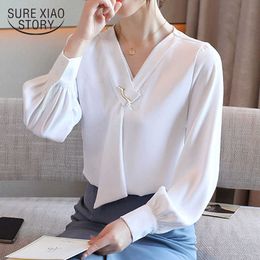 V Neck Blouse Women Plus Size Korean Tops Autumn Lantern Long Sleeve Chiffon Shirt Solid Pullovers Office Lady 11081 210527