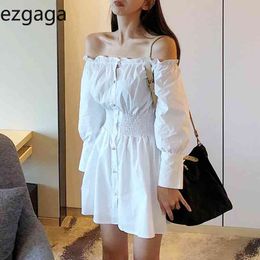 Ezgaga Dress Women Off Shoulder Long Sleeve Single Breasted Spring Slash Neck Korean Chic Solid Slim Waist Sexy Dress 210430