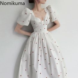 Nomikuma Sweet Strawberry Dress Vintage Square Collar Puff Sleeve Dresses High Waist A-line Korean Vestidos De Mujer 6G698 210427