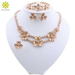 African Jewellery Sets Flower Shape Gold-color Bridal Wedding Accessories Necklace Bracelet Earrings Ring Set H1022