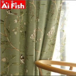 American Country Garden Cotton Linen Green Window Curtain For Living Room Birds Printed Bedroom Window Blackout Drapes WP145-40 211203
